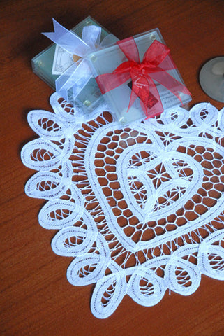 Battenburg Lace Heart Shape Doilies White Dozen 6" 8" 10" Inch