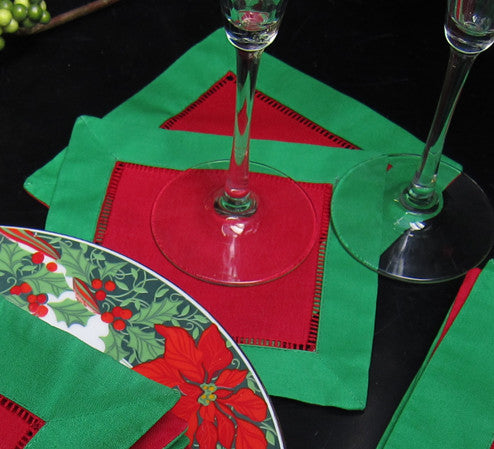 Red with Green Border Hemstitch Napkin 6" Inch