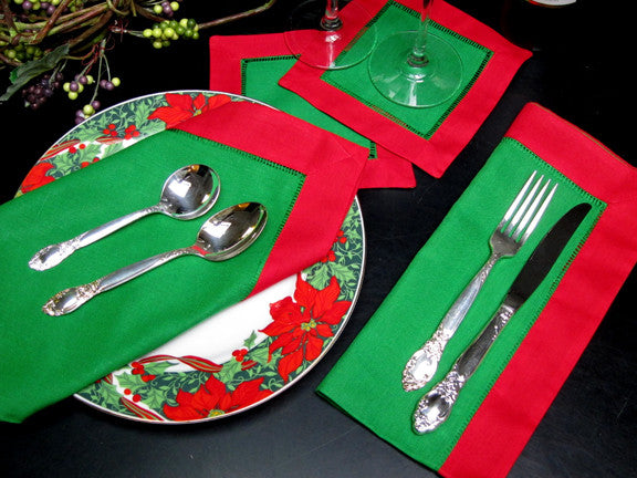 Green with Red Border Hemstitch Napkin 22" Inch